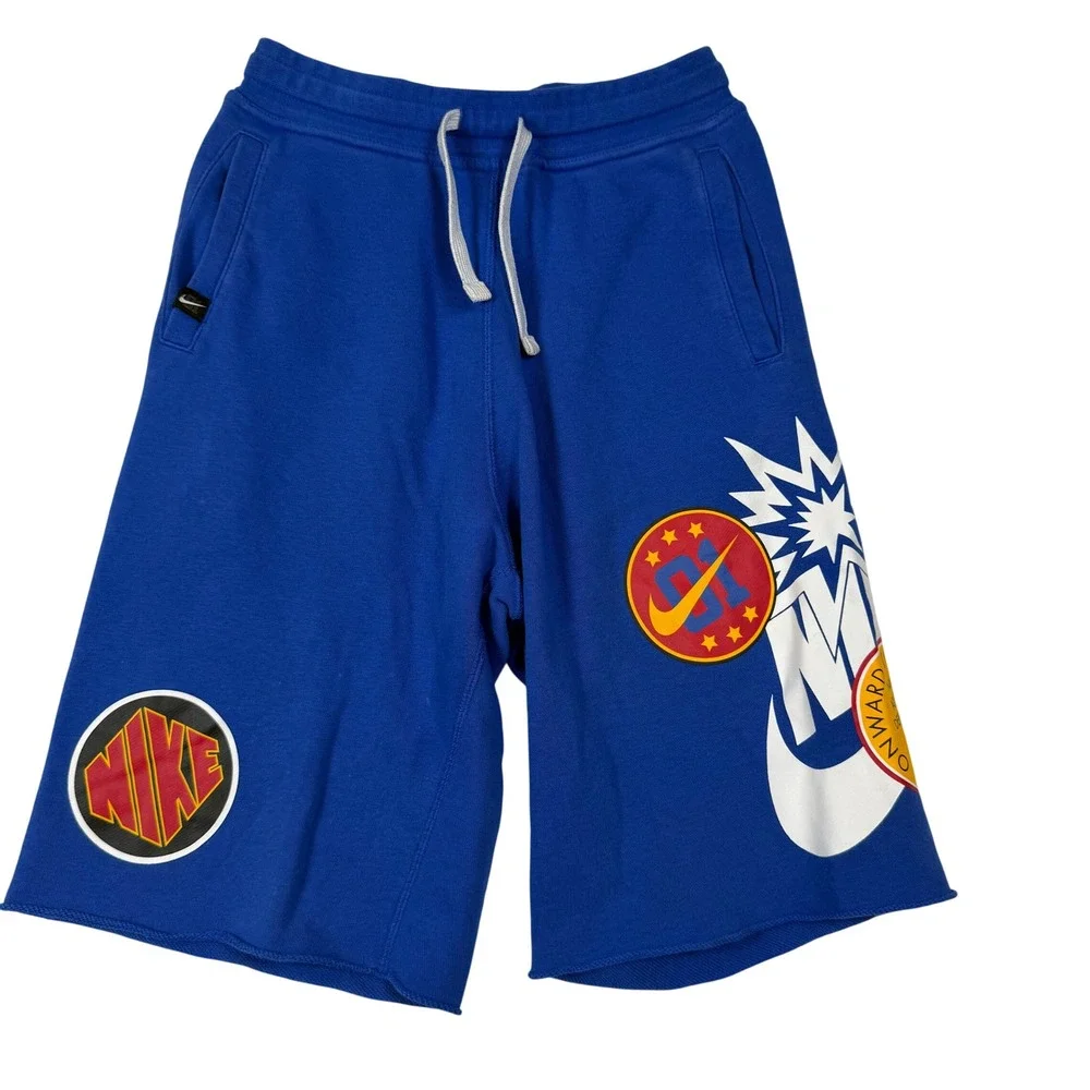 Nike Mens Large Blue Graphic Sweat Shorts Raw Hem Y2K Skater Hip Hop Drawstring
